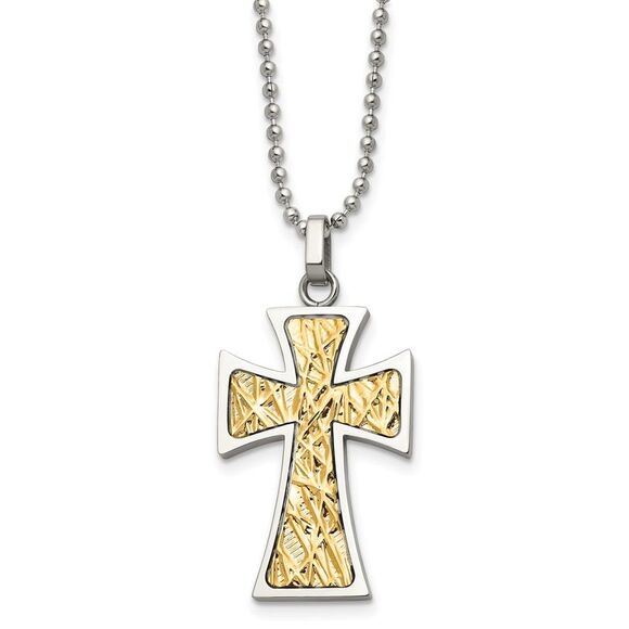 Stainless Steel & 14k Yellow Gold Accent Maltese Cross Necklace 22 In